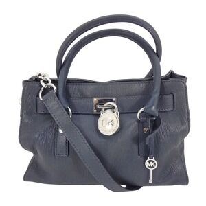 Michael Kors Hamilton Navy Blue Pebbled Leather Satchel Bag Silver Hardware